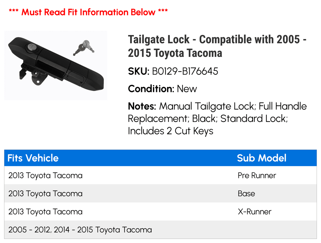 Tailgate Lock - Matching with 2005 - 2015 Toyota Tacoma 2006 2007 2008 2009 2010 2011 2012 2013 2014
