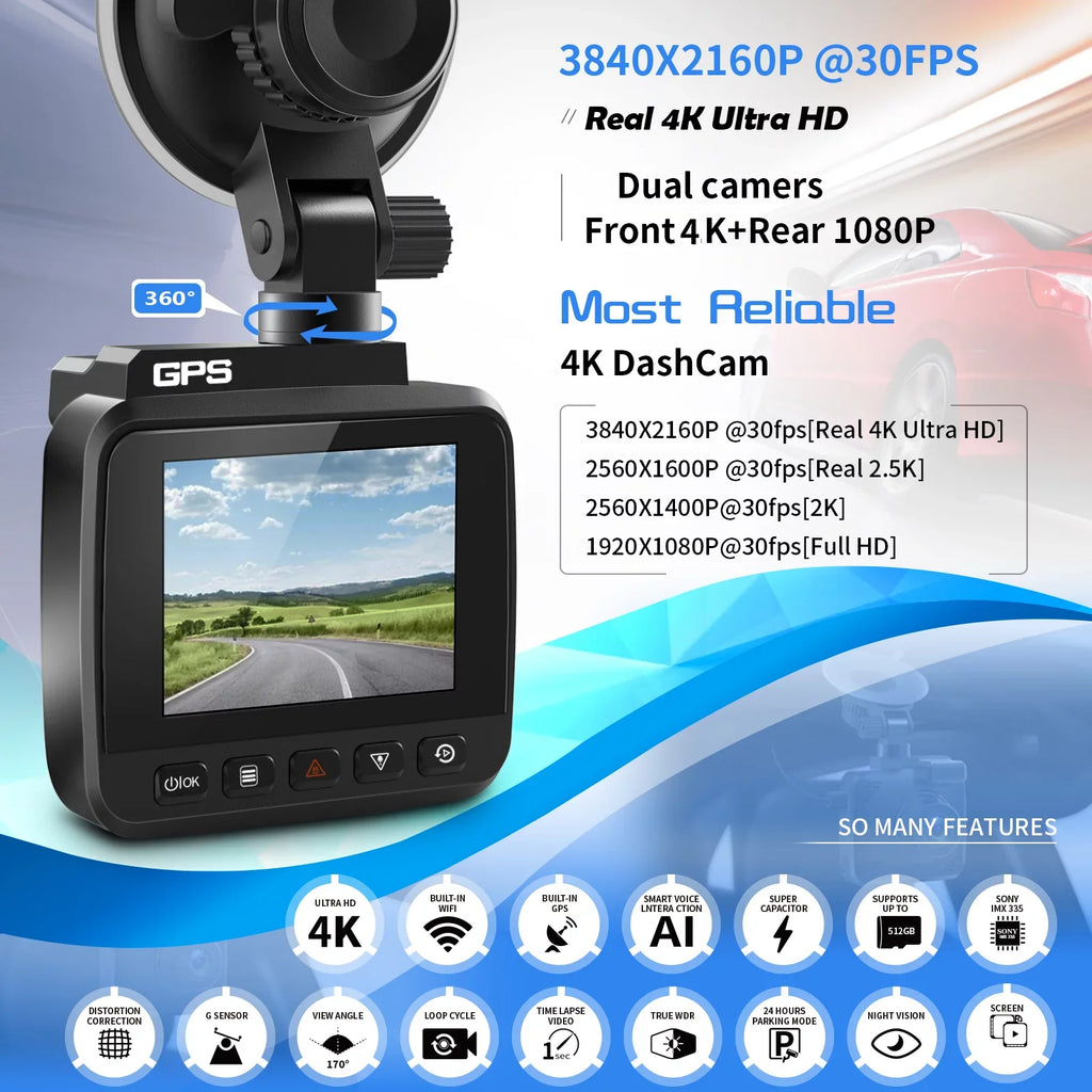 4K Dash Cam for Cars, Dash Cam Front and Rear with Night Vision, 2160P FHD Car Camera, 170° Wide Angle Driving Recorder with G-Sensor, Parking Monitor, Loop Recording, WDR, Built-in WiFi & GPS
