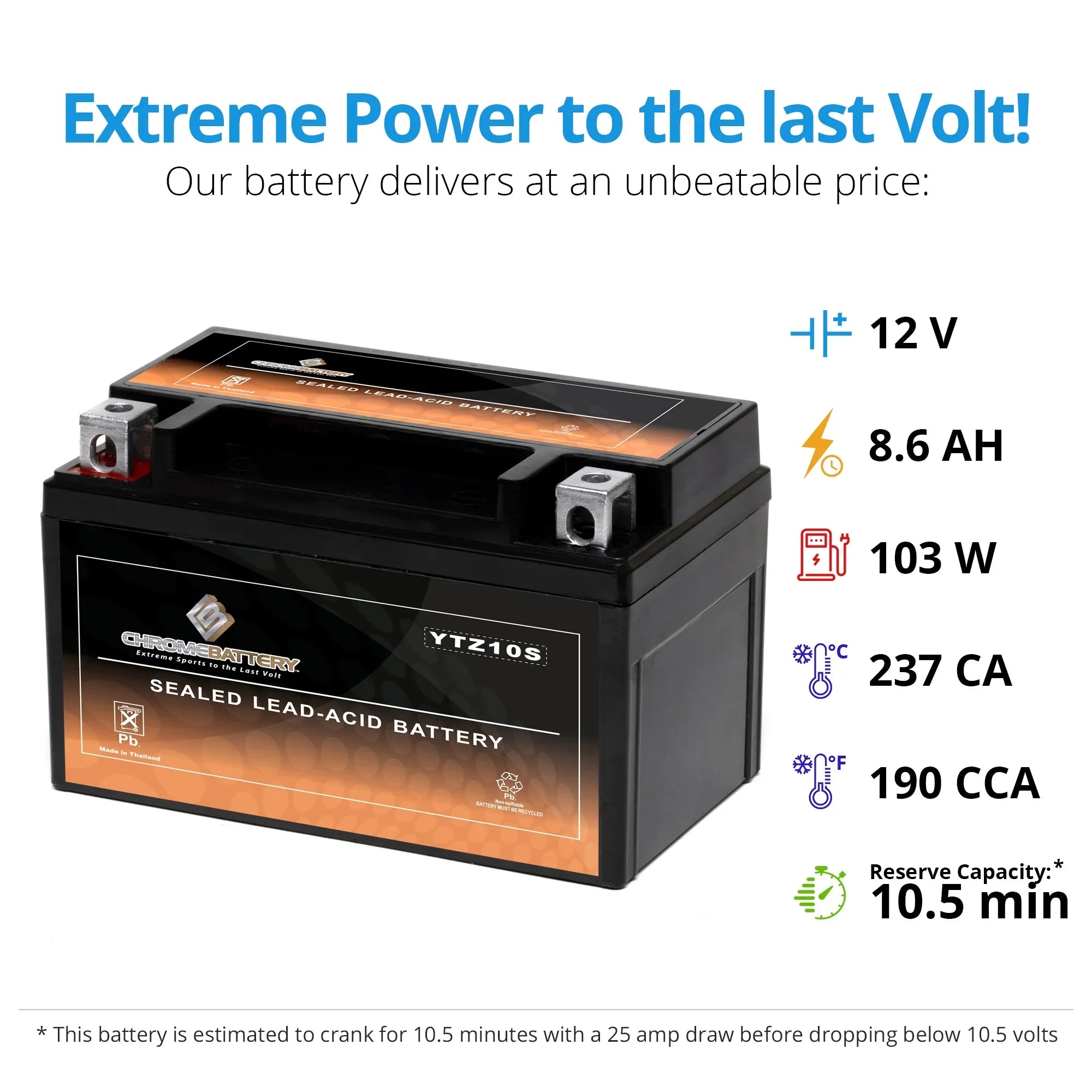 Chrome Battery YTZ10S-BS (YTZ10S 12 Volt,8.6 Ah, 190 CCA) Motorcycle Battery for Suzuki Gsx-r1000, Z, Al8 1000 Cc Years (2017 - 2018)
