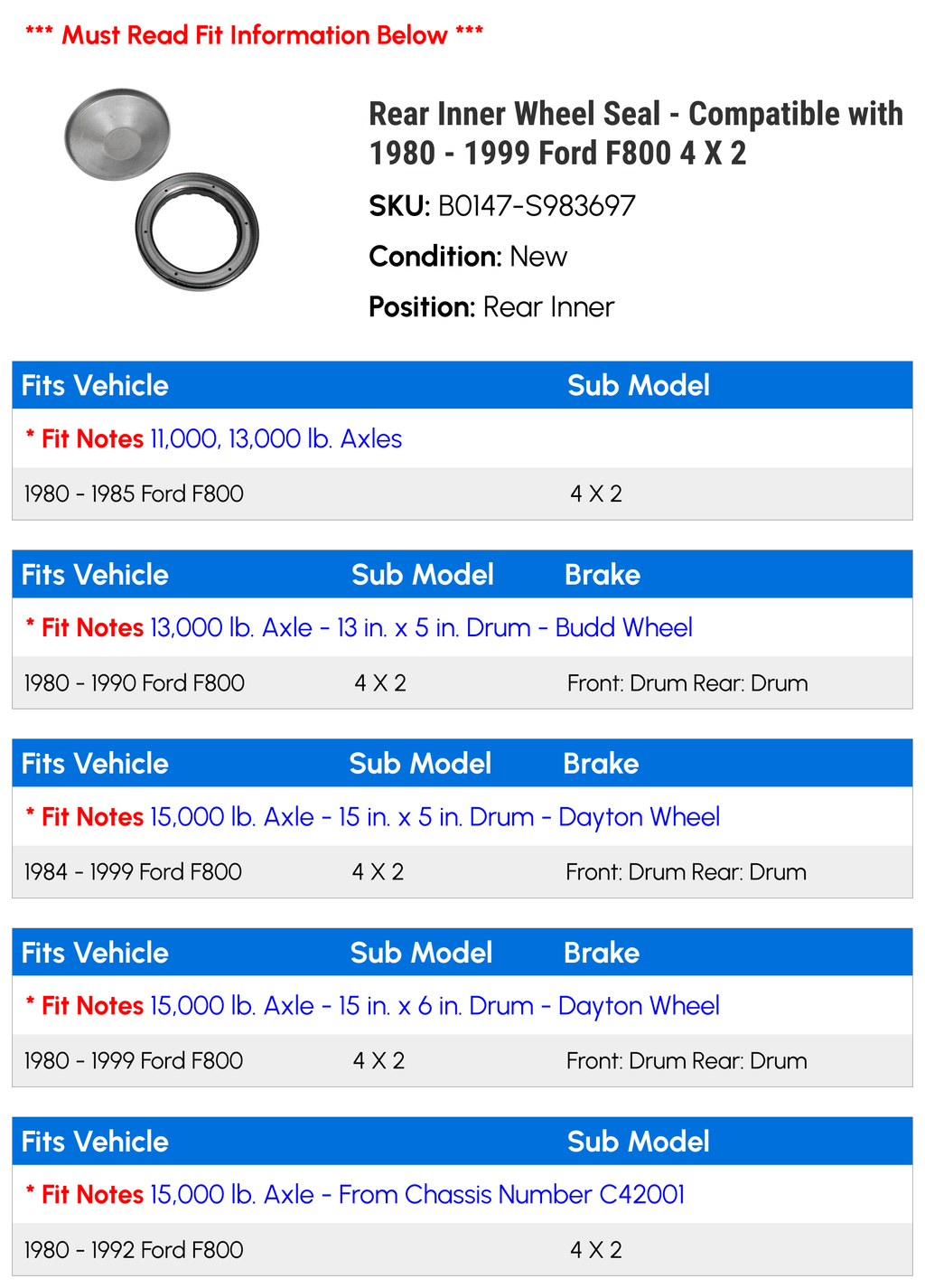 Rear Inner Wheel Seal - Matching with 1980 - 1999 Ford F800 4 X 2 1981 1982 1983 1984 1985 1986 1987 1988 1989 1990 1991 1992 1993 1994 1995 1996 1997 1998