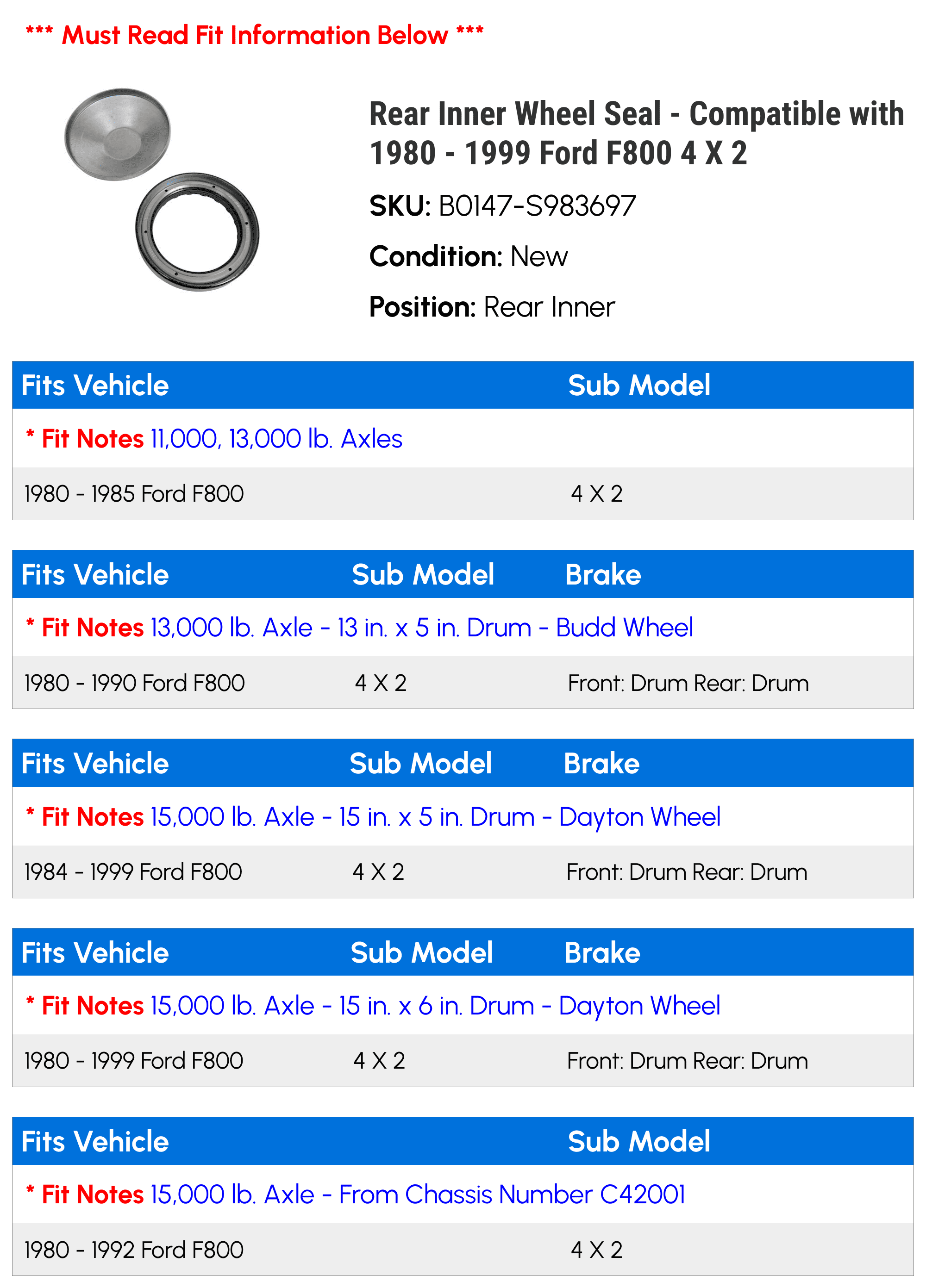 Rear Inner Wheel Seal - Matching with 1980 - 1999 Ford F800 4 X 2 1981 1982 1983 1984 1985 1986 1987 1988 1989 1990 1991 1992 1993 1994 1995 1996 1997 1998