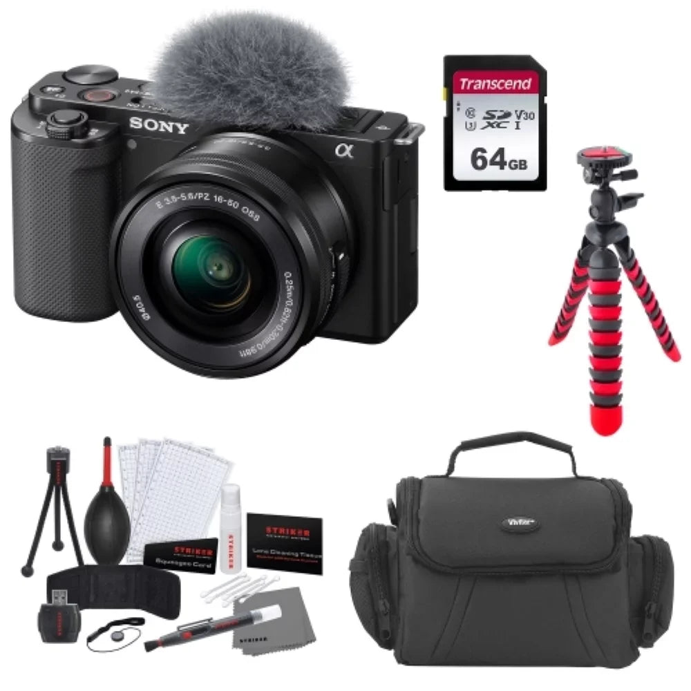 Sony ZV-E10 Mirrorless Camera |16-50mm Lens (Black) Bundle with Transcend 64GB Memory Card + Flexible Tripod + Camera Bag + Cleaning Kit (5 Items)