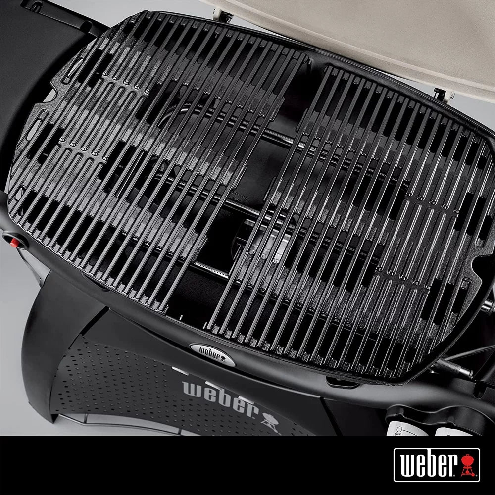 Weber 7646 Cast Iron Cooking Grates for Weber Q 300/3000 Series Grills Bundle with Generic Aluminum Drip Pans Set of 3 and Grill Shield Barbecue Waterproof Outdoor Protection