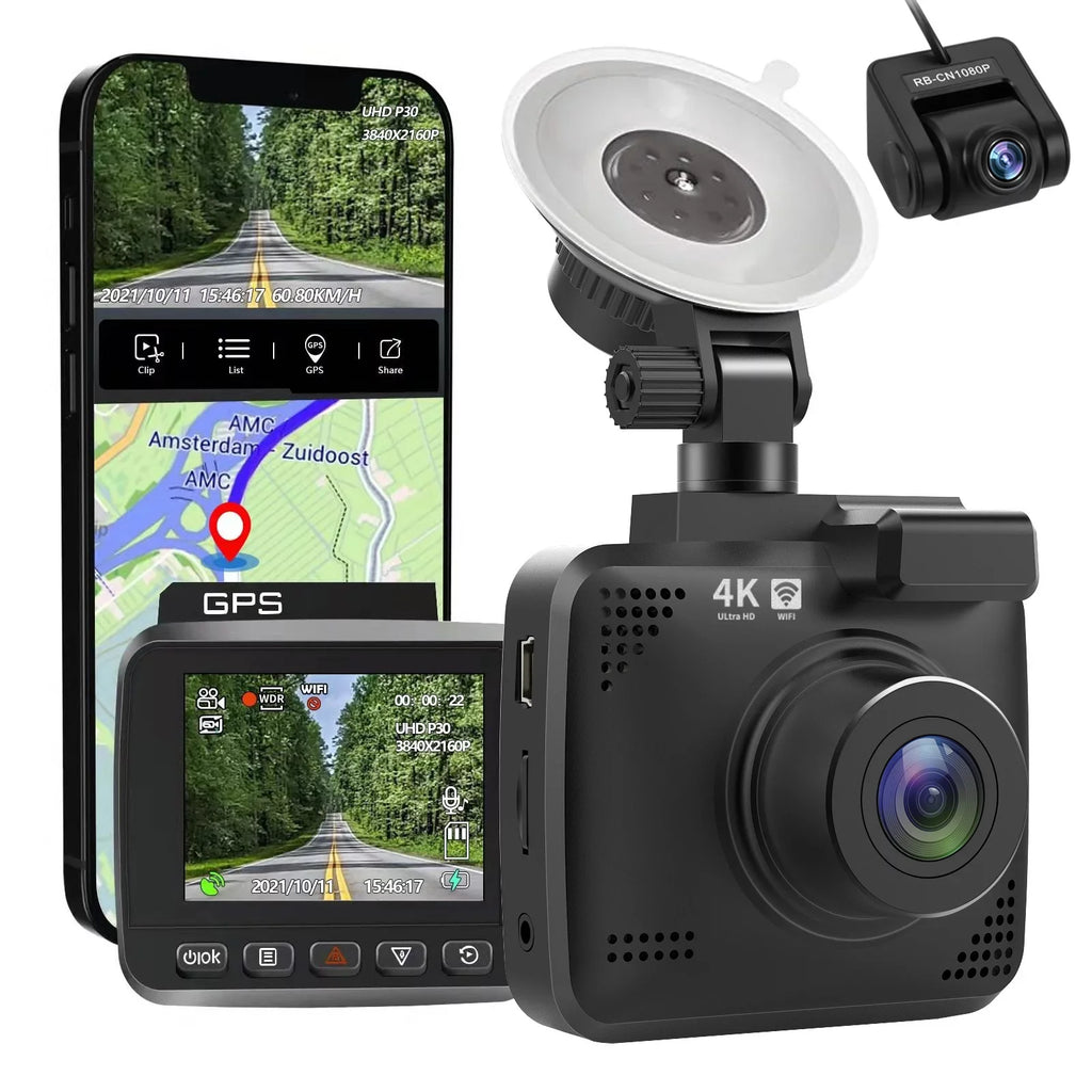 4K Dash Cam for Cars, Dash Cam Front and Rear with Night Vision, 2160P FHD Car Camera, 170° Wide Angle Driving Recorder with G-Sensor, Parking Monitor, Loop Recording, WDR, Built-in WiFi & GPS