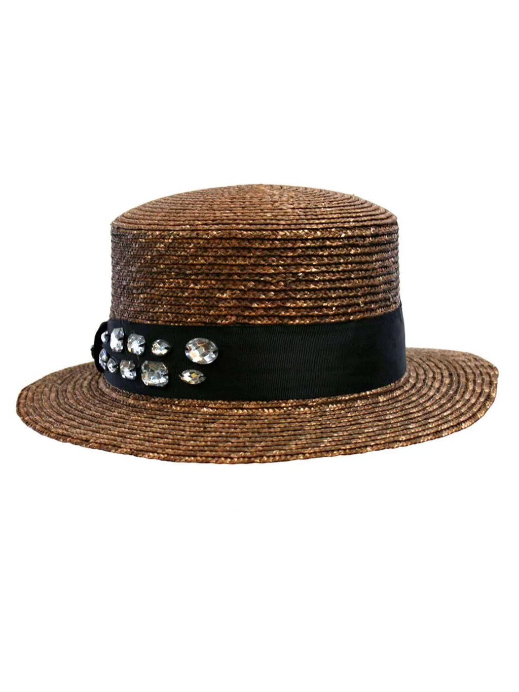 Brown Straw Sun Hat With Black Rhinestone Band