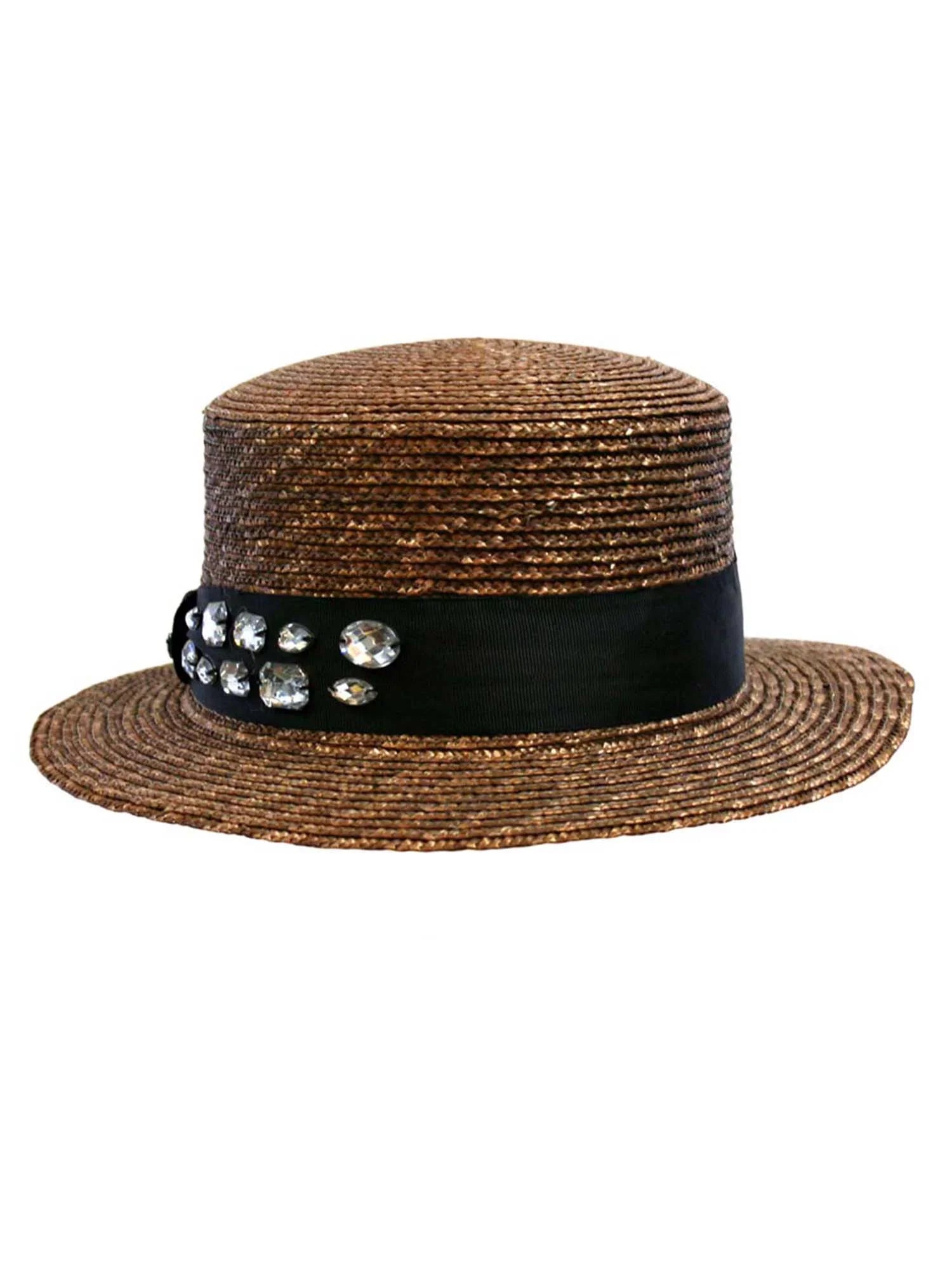 Brown Straw Sun Hat With Black Rhinestone Band