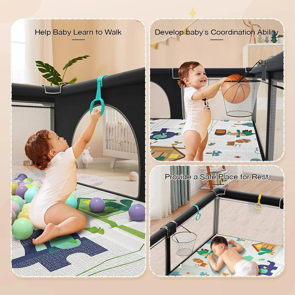 Upgraded 320D Washable Baby Playpen with Padding Mat, 6in1 Large Playpen for Toddlers, Sturdy & Safe Playpen with Padded Cotton Top Rod for Protecting Babies, Baby Play Yard with Zipper Gate