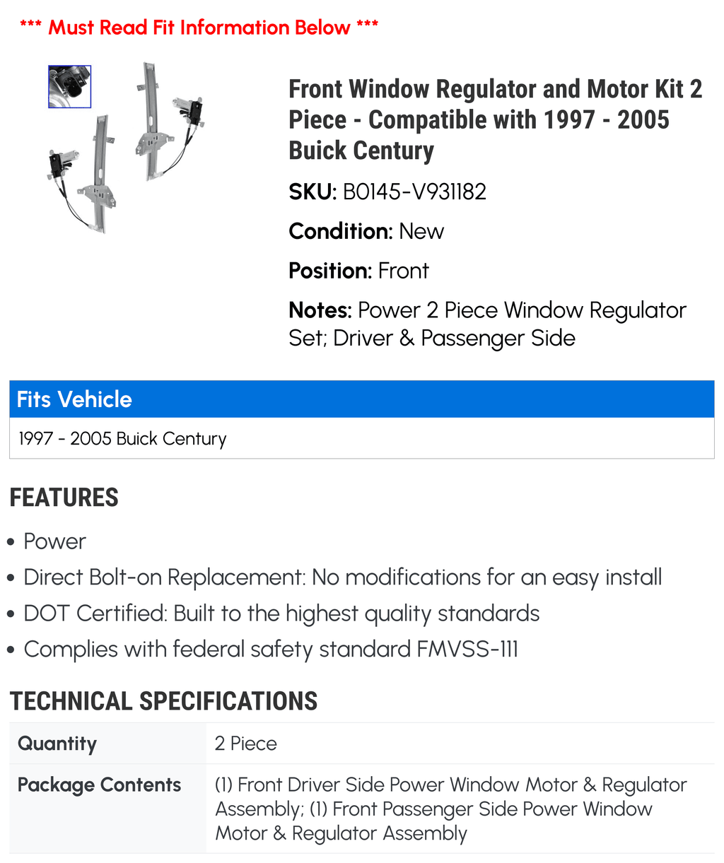 Front Window Regulator and Motor Kit 2 Piece - Matching with 1997 - 2005 Buick Century 1998 1999 2000 2001 2002 2003 2004