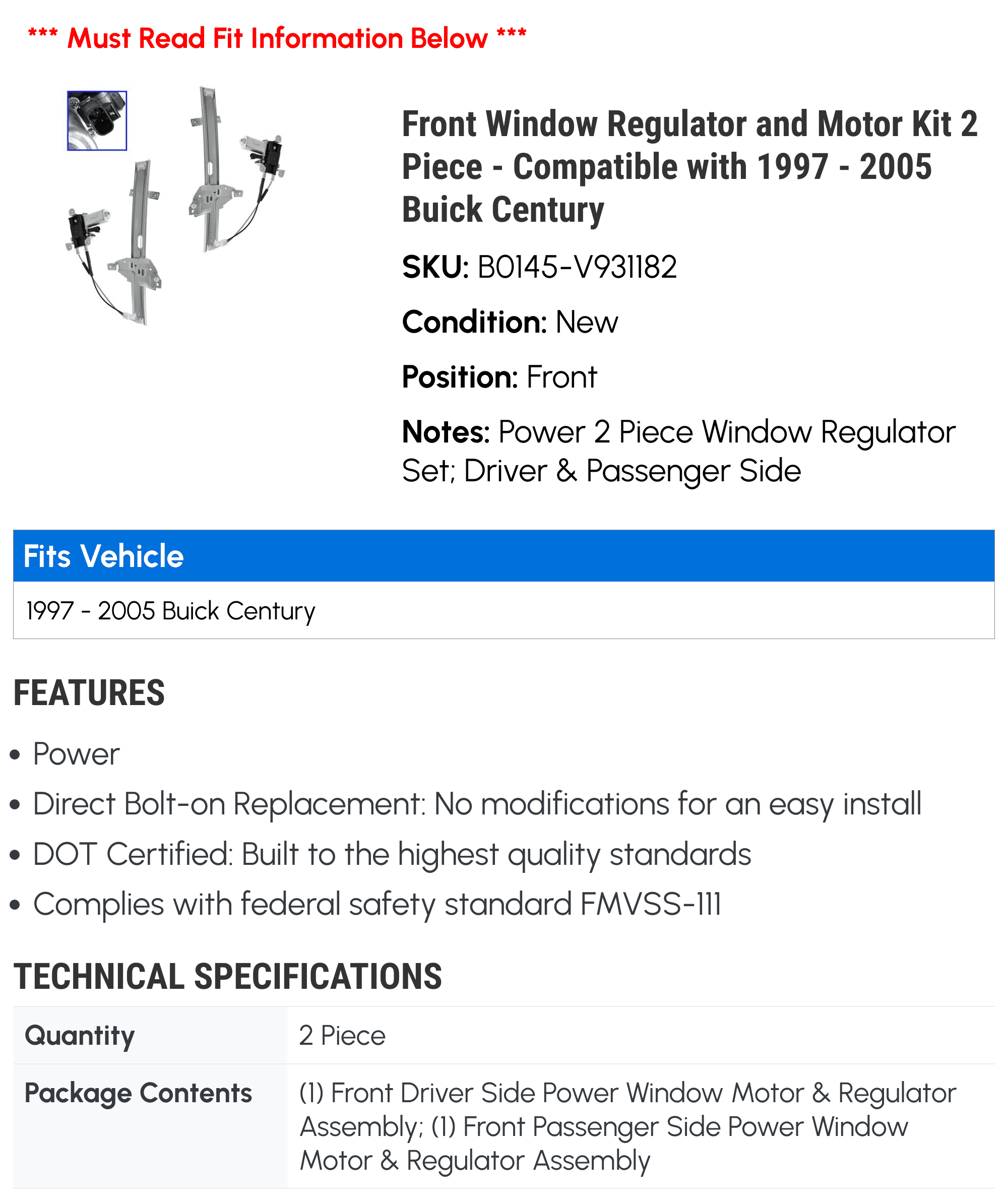 Front Window Regulator and Motor Kit 2 Piece - Matching with 1997 - 2005 Buick Century 1998 1999 2000 2001 2002 2003 2004
