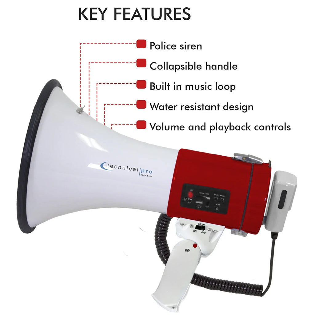 Technical Pro Portable 50-Watt Megaphone Bullhorn Speaker w/ Siren and Detachable Microphone w/ Rechargeable Battery for