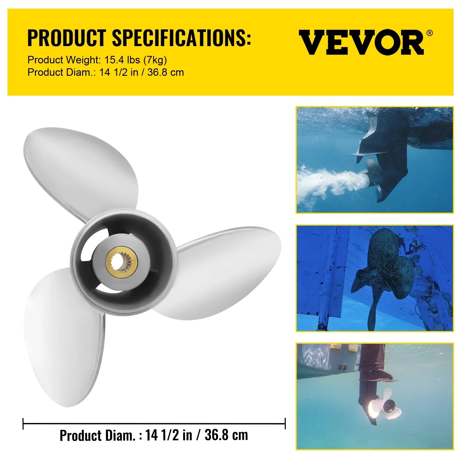 VEVOR Outboard Propeller, 3-Blade 14.5" x 21" Vessel Propeller, Replace for OEM 3860709, Matching with SX Sterndrives Outboard Volvo Penta Engine, Right-handed Steel Propeller Steel & 19 Spline Teeth