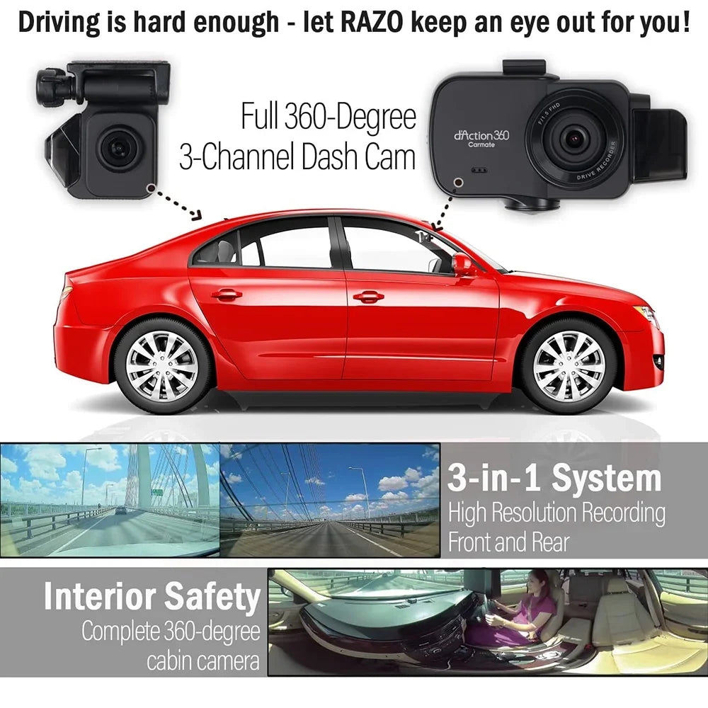 Razo Dash Cam DC4000RA, Simultaneous 3-Ch 360-Degree Recording, Records All Surroundings at Once, Wrap All Blind Spots, Built-in GPS, G-Sensor Impact Detection with 32GB microSD Card - (Open Box)