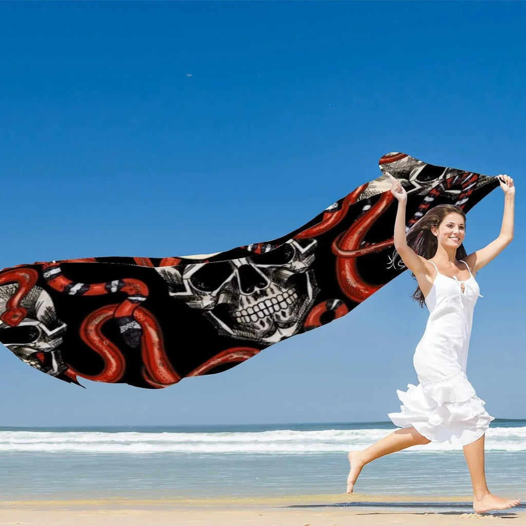 Hyjoy Skulls And Red Snakes Long Silk Neck Scarf Lightweight Shawl Wrap Scarves for Women Girls