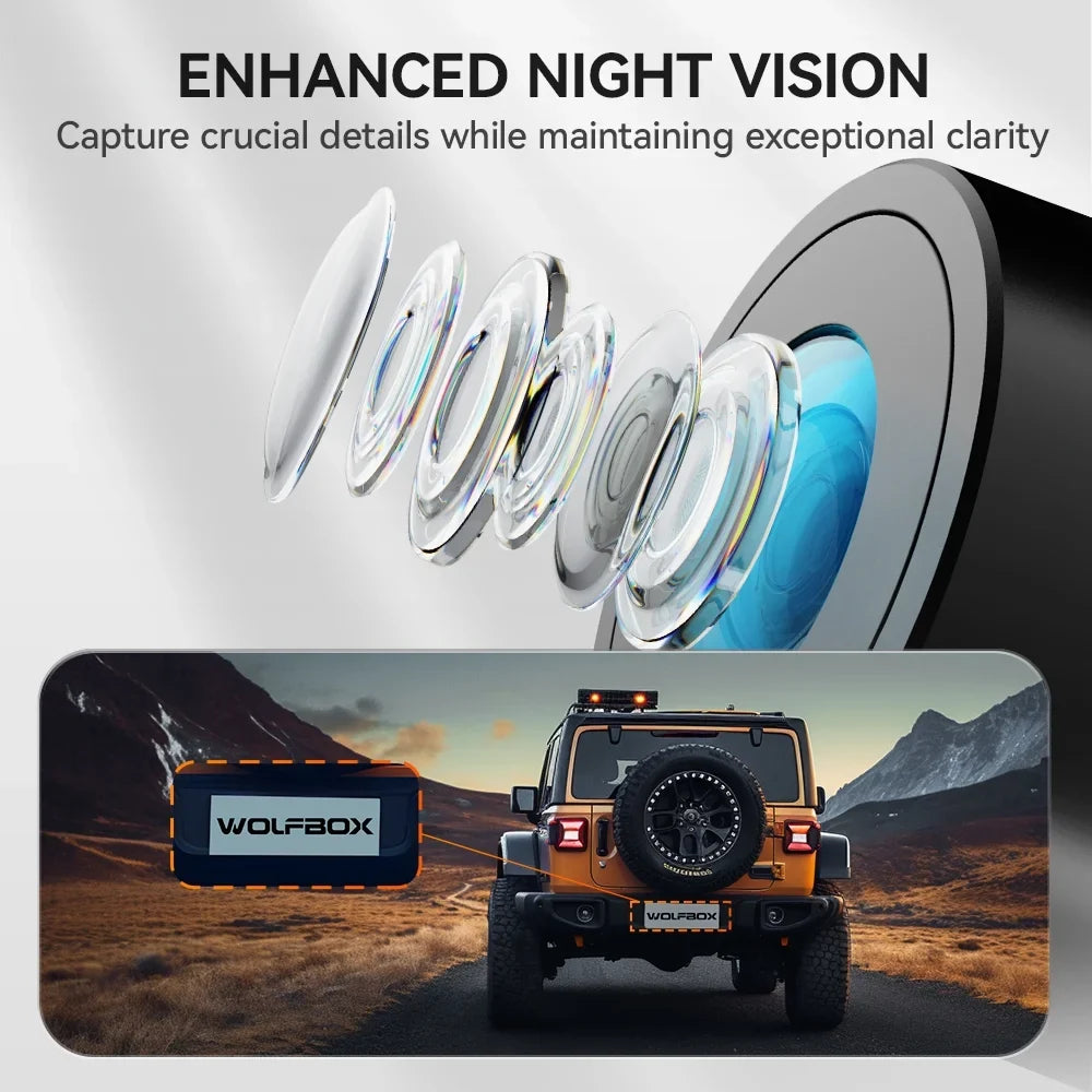 WOLFBOX 12" Rear View Mirror Dash Cam, 4K Mirror Dash Cam Front and 2.5K Rear Camera, Rearview Dash Camera for Car with WDR, Night Vision, Free 64GB Card & GPS