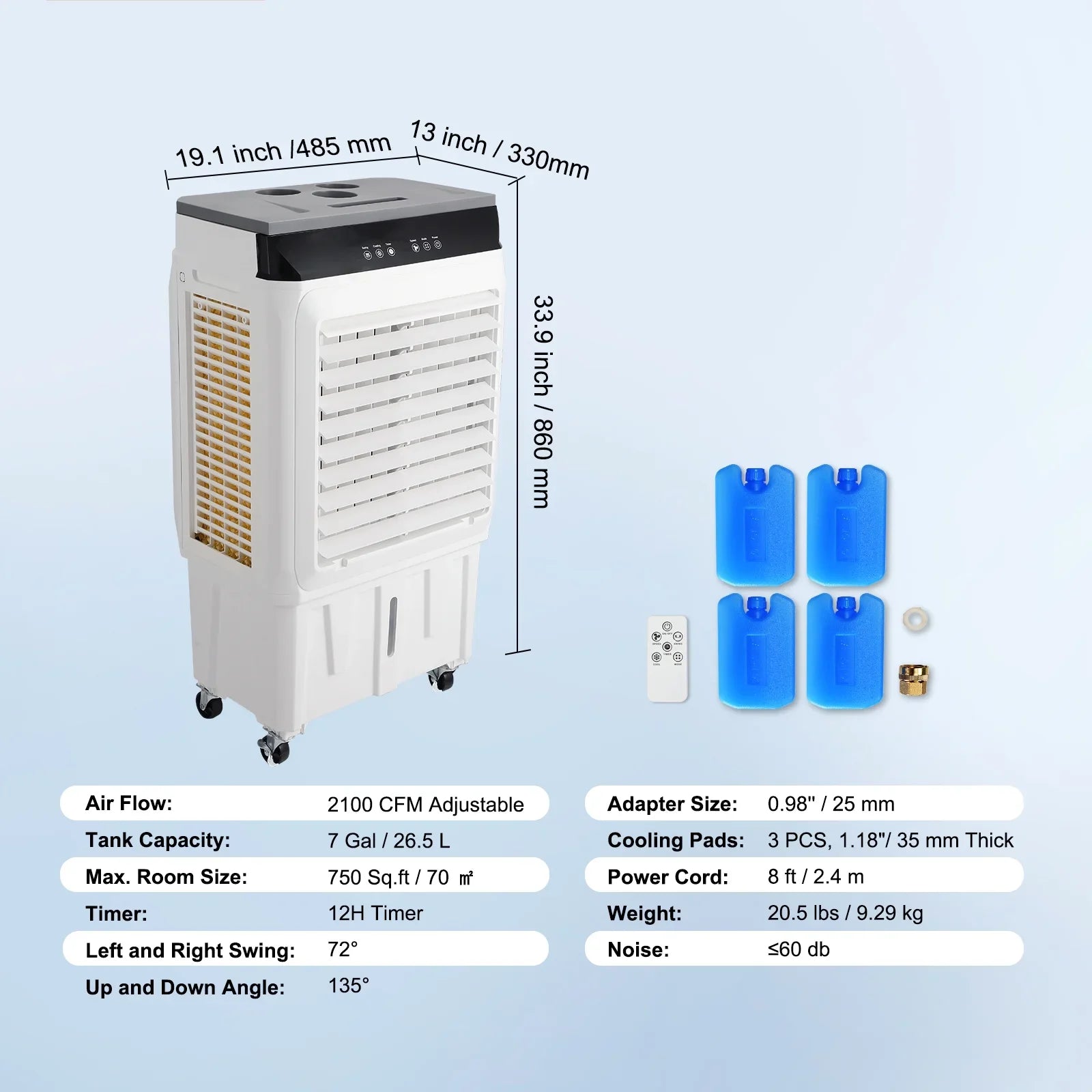 SKYSHALO Evaporative Cooler Swamp Cooler 3-in-1 2100 CFM 7 Gal 12h Timer Air Humidifier