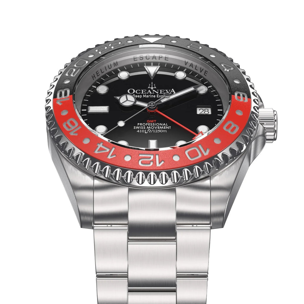 Oceaneva™ Men's GMT Deep Marine Explorer 1250M Pro Diver Watch Red and Black- Quartz, Swiss Movement Stainless Steel Bracelet