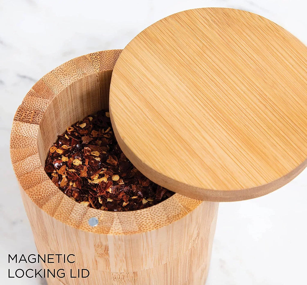 Rae Dunn Triple Bamboo Spice Cellar 3 Section Keeper with Magnetic Swivel Lid with 7.4oz Capacity