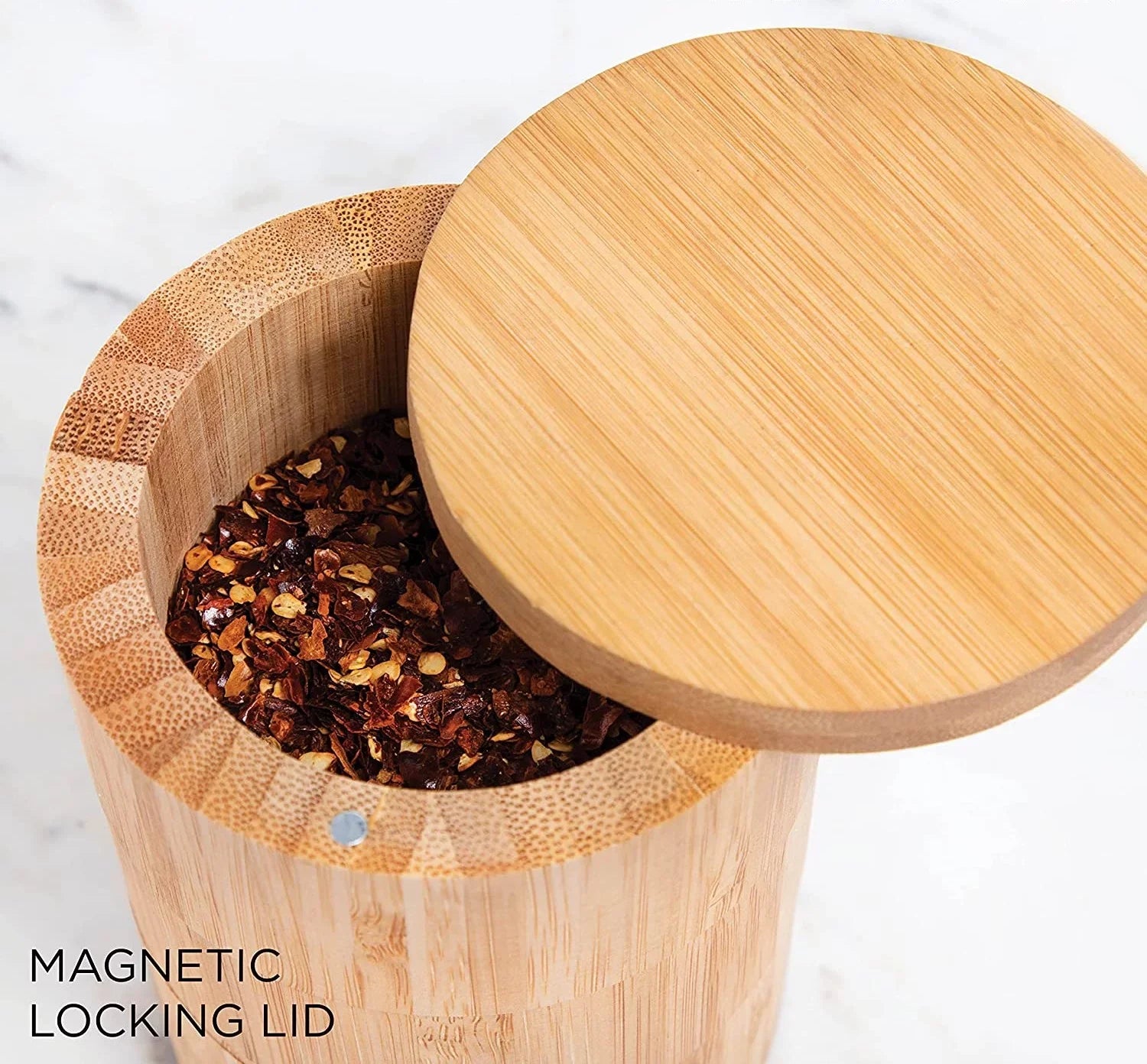 Rae Dunn Triple Bamboo Spice Cellar 3 Section Keeper with Magnetic Swivel Lid with 7.4oz Capacity