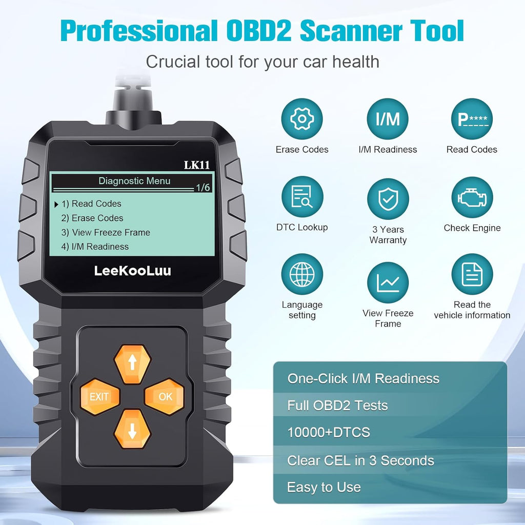 OBD2 Scanner Clear Reset Engine Alert Code - Plug and Play Easy to Setup Use Professional Code Reader Scan Diagnostic for Cars Since 1996 with Freeze Frame/I/M Readiness - LeeKooLuu LK11