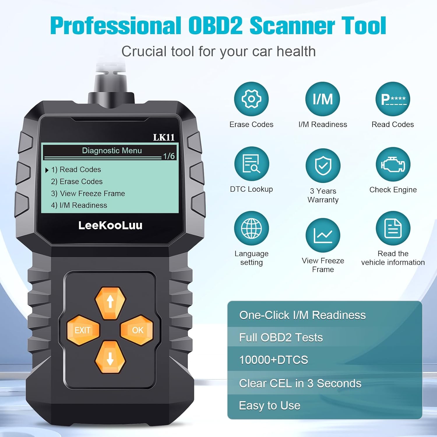 OBD2 Scanner Clear Reset Engine Alert Code - Plug and Play Easy to Setup Use Professional Code Reader Scan Diagnostic for Cars Since 1996 with Freeze Frame/I/M Readiness - LeeKooLuu LK11