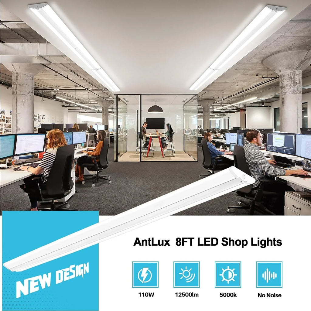 QCAI 8FT LED Shop Light 110W [6-lamp T8 Fluorescent Equiv.], Compact 8 Foot Strip Lights, 12500LM, 5000K, Commercial Grade Flush Mount Ultra Slim LED Wraparound for Garage Office Warehouse, 4 Pack