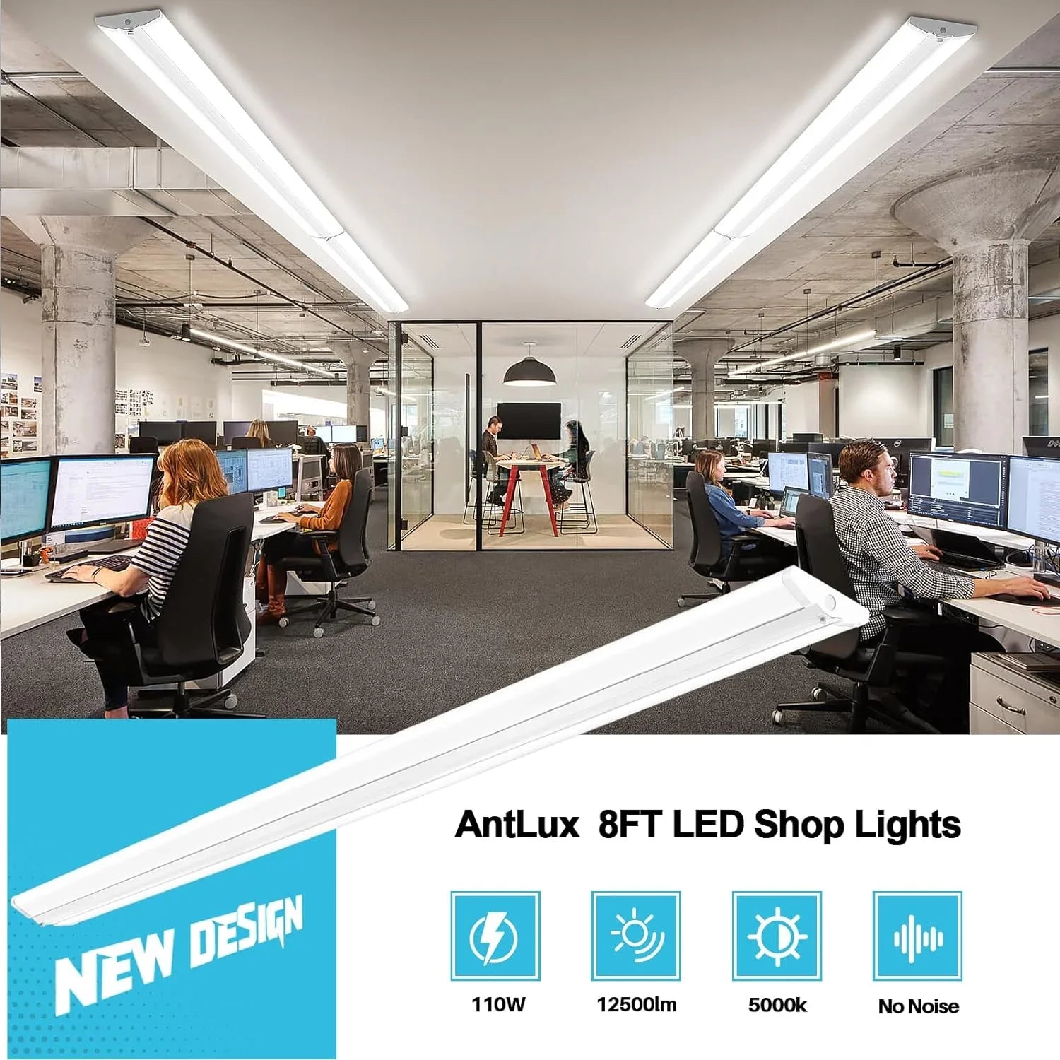 QCAI 8FT LED Shop Light 110W [6-lamp T8 Fluorescent Equiv.], Compact 8 Foot Strip Lights, 12500LM, 5000K, Commercial Grade Flush Mount Ultra Slim LED Wraparound for Garage Office Warehouse, 4 Pack