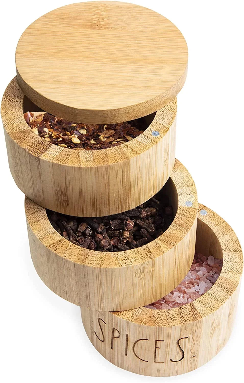 Rae Dunn Triple Bamboo Spice Cellar 3 Section Keeper with Magnetic Swivel Lid with 7.4oz Capacity