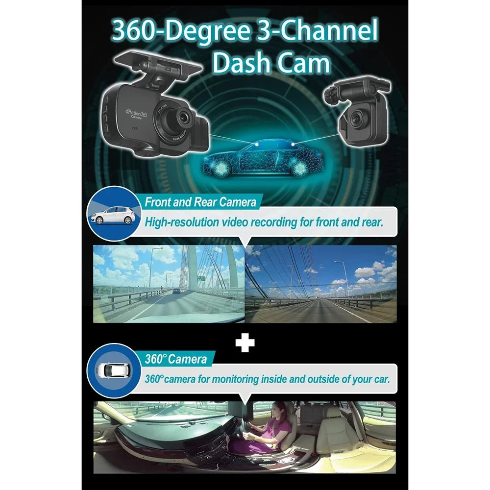 Razo Dash Cam DC4000RA, Simultaneous 3-Ch 360-Degree Recording, Records All Surroundings at Once, Wrap All Blind Spots, Built-in GPS, G-Sensor Impact Detection with 32GB microSD Card - (Open Box)