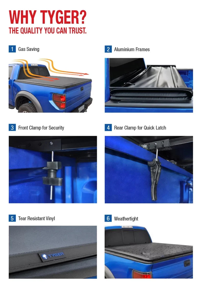 TYGER TG-BC3F1019 Tri-Fold Pickup Tonneau Protection Fit 09-14 Ford F-150 (NOT Raptor Series) w/o Utility Track 5.5 feet (66 inch) Trifold Truck Cargo Bed Tonno Coating (NOT For Stepside) 2010 2011 2012 2013