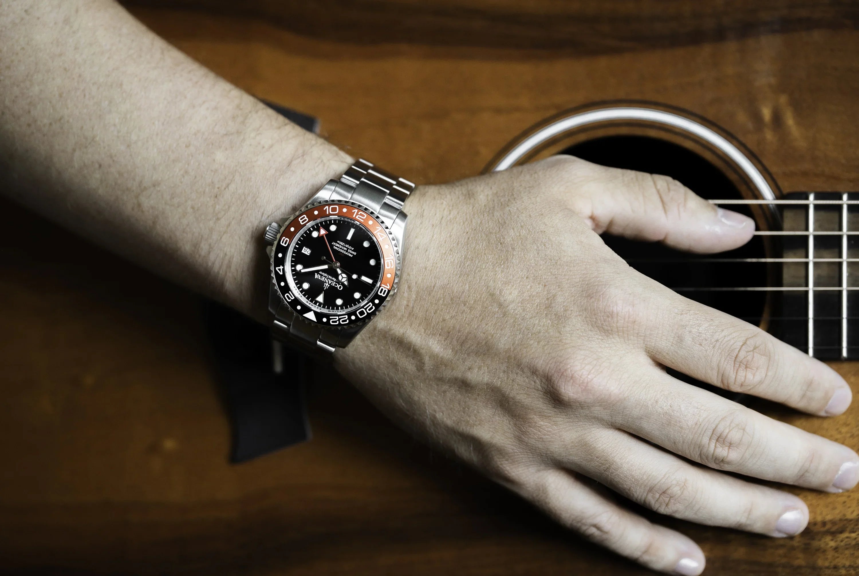 Oceaneva™ Men's GMT Deep Marine Explorer 1250M Pro Diver Watch Red and Black- Quartz, Swiss Movement Stainless Steel Bracelet