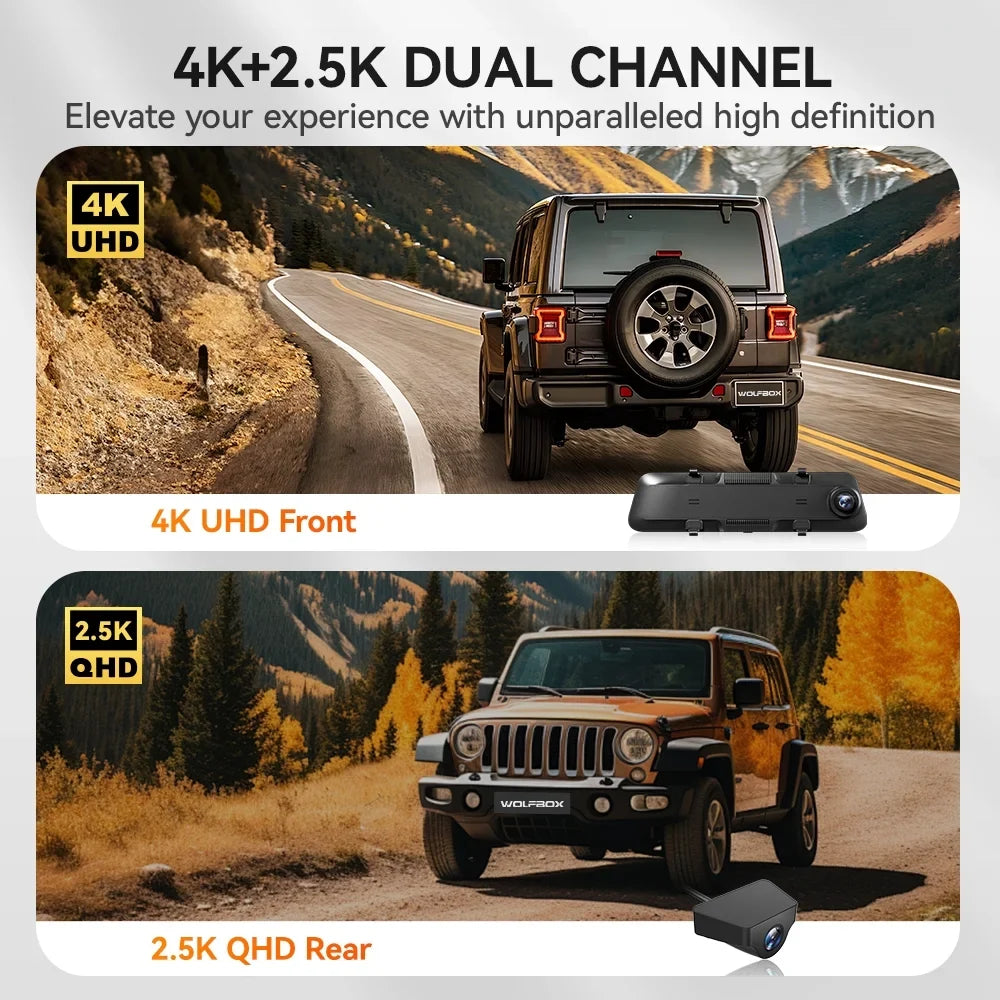 WOLFBOX 12" Rear View Mirror Dash Cam, 4K Mirror Dash Cam Front and 2.5K Rear Camera, Rearview Dash Camera for Car with WDR, Night Vision, Free 64GB Card & GPS