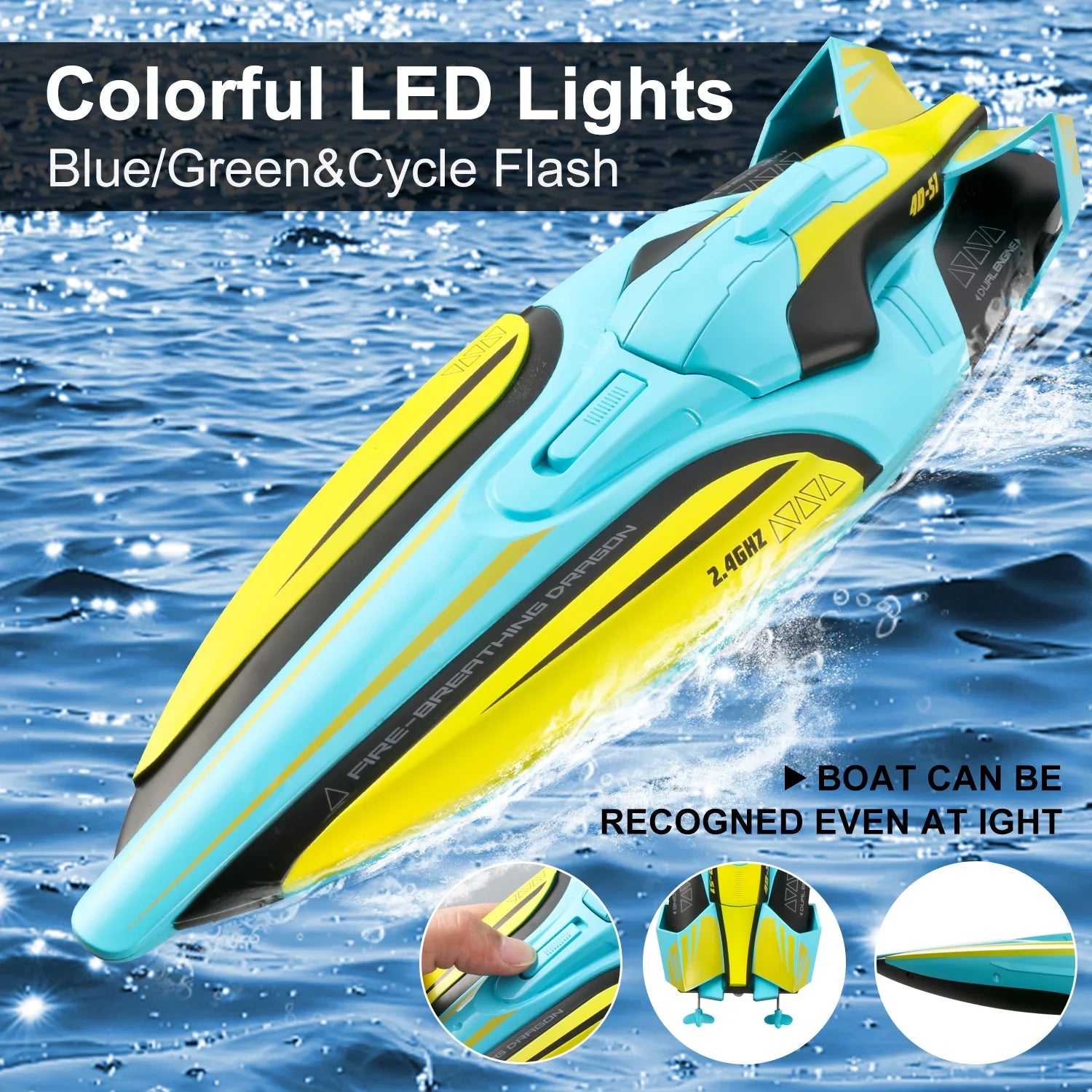 4DRC S1 RC Vessel - Remote Control Ship for Pools and Lakes, 4 Channel 2.4GHZ Remote Control, and Rechargeable Watercraft Battery，Yellow