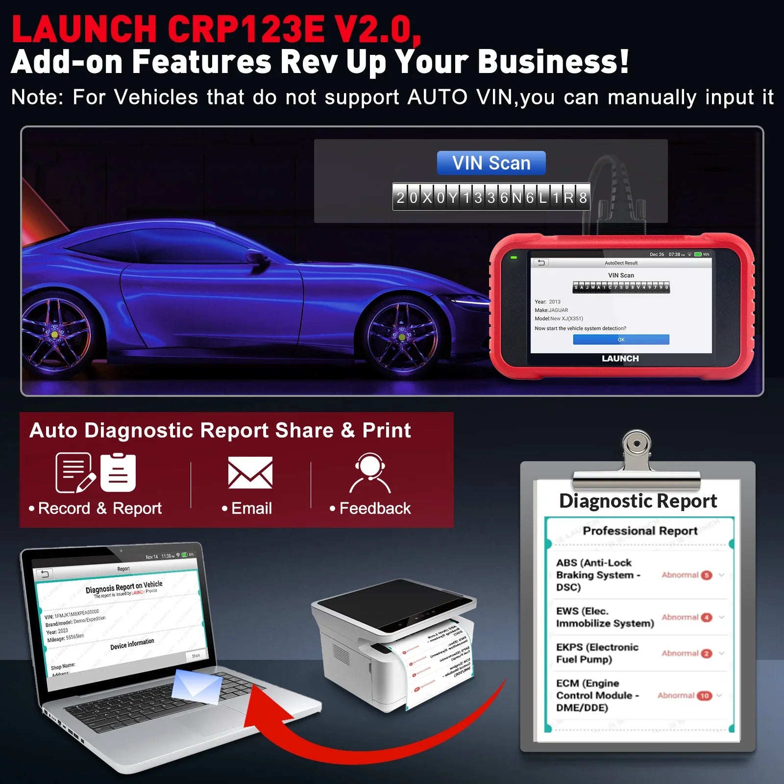 LAUNCH CRP123E V2.0 Obd Car Diagnostic Scanner Check Engine Fault Code Reader with Oil Reset, Brake Reset, Injector Reset, Battery Test, DPF Reset