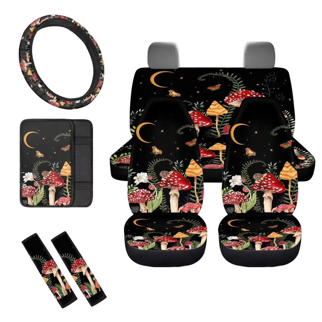 Binienty Interior Accessories Car Seat Protection Set of 8-Van Sedan Seatbelt Pad+Center Console Pad+Front Back Saddle Blanket Wrap Settring Wheel Shield AestheticMushroom Print
