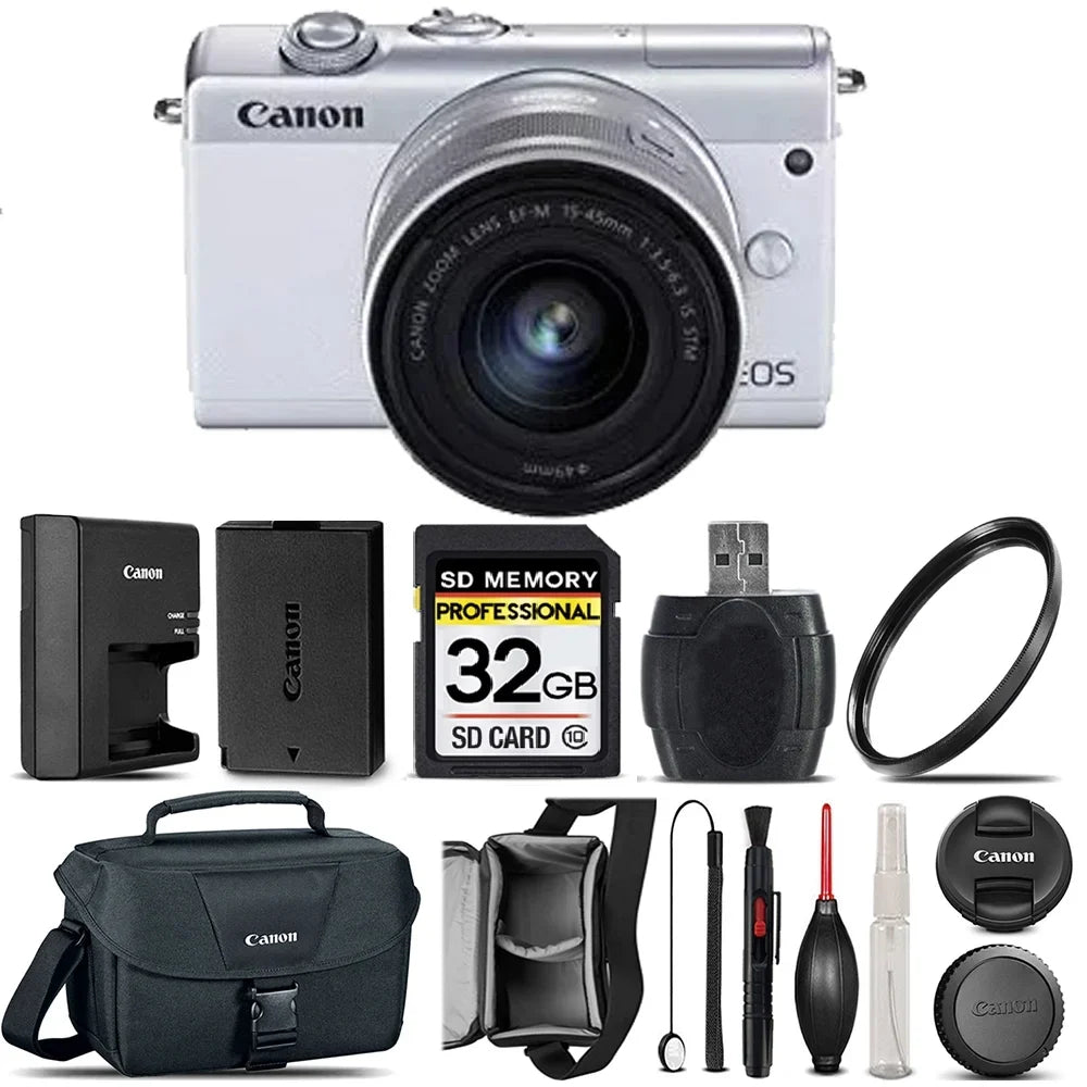 Canon EOS M200 DSLR Camera (White) + Canon 15-45mm IS STM Lens + 32GB Class 10 Memory Card + Canon EOS Shoulder Bag 100ES + 58mm UV Filter + Card Reader + Lens Cap Holder - International Version