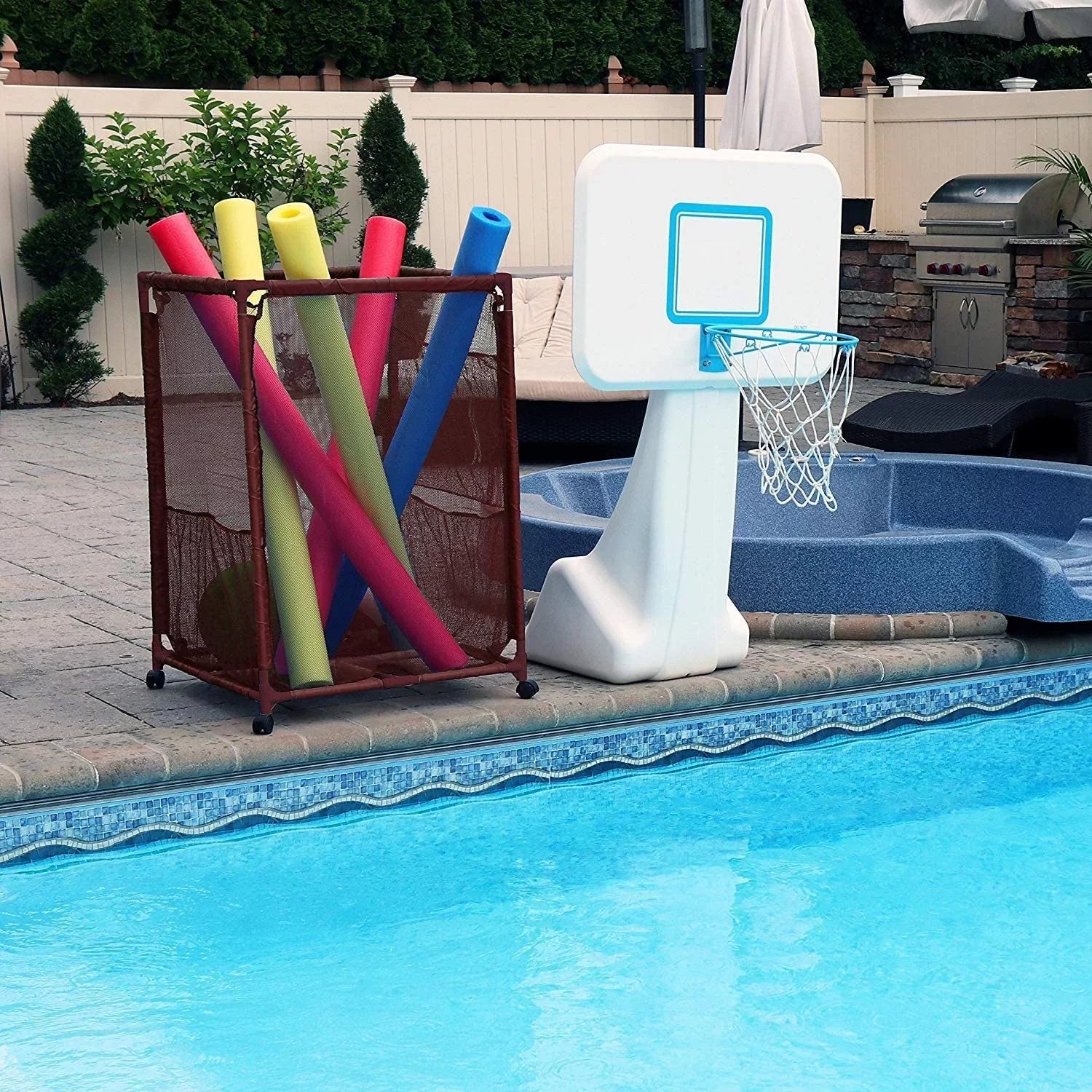 Essentially Yours Pool Noodles Holder, Toys, Balls, Floats and Equipment Mesh Rolling Storage Organizer Bin, Kids Height, Large, (43" W x 25" L x 28" H), Brown Style 563009