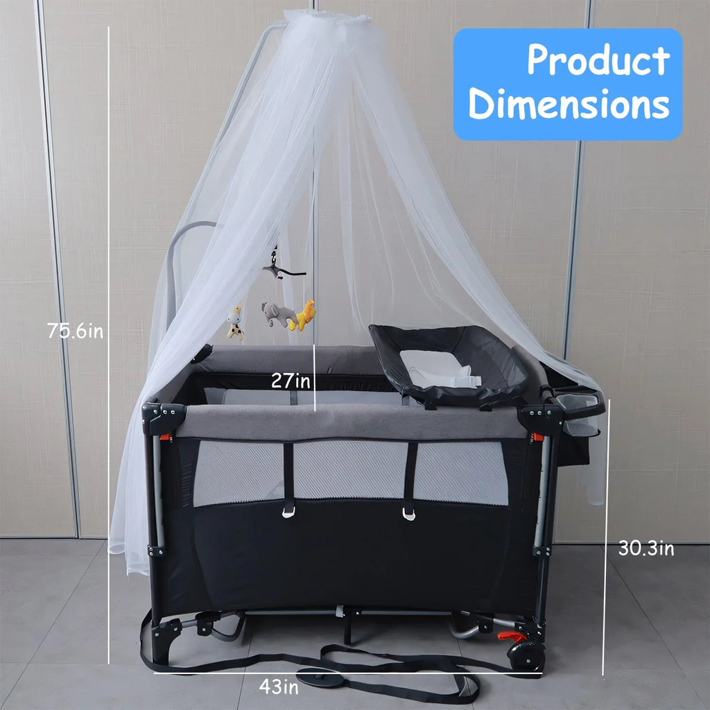 iMounTEK 6 In 1 Portable Babe Nursery Center Play Yard, Foldable Babe Crib Include Wheels, Canopy, Music Box, Toys Storage Trayand Changing