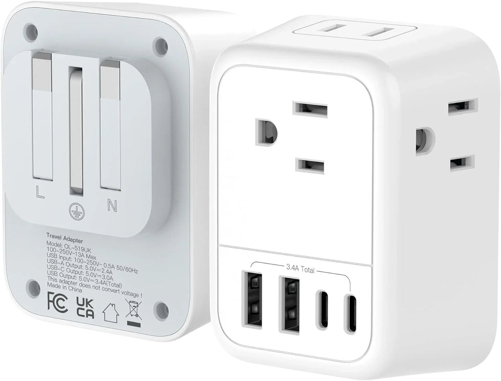 US to UK Plug Adapter, Foldable UK Travel Plug Adapter, Type G Power Adapter with 4 Outlets 4 USB Ports(2 USB C) Travel Essentials Plug with Bag for USA to Qatar Ireland England Kenya Dubai London