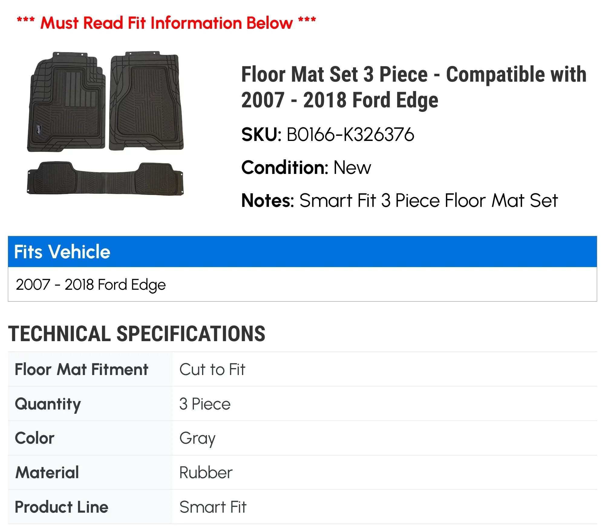 Floor Mat Set 3 Piece - Suitable with 2007 - 2018 Ford Edge 2008 2009 2010 2011 2012 2013 2014 2015 2016 2017