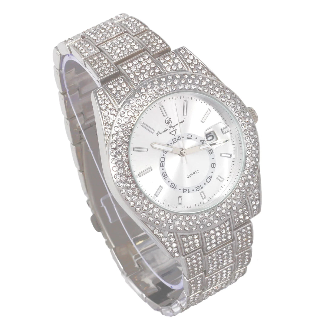 Charles Raymond Ice on Blast! Blinged Out Hip Hop Rolly Looks with Iced Out Wristwatch Trim and Band with Matching Zig Zag Bling'ed Out Necklace Sets - ZZ Necklace Sets - Silver