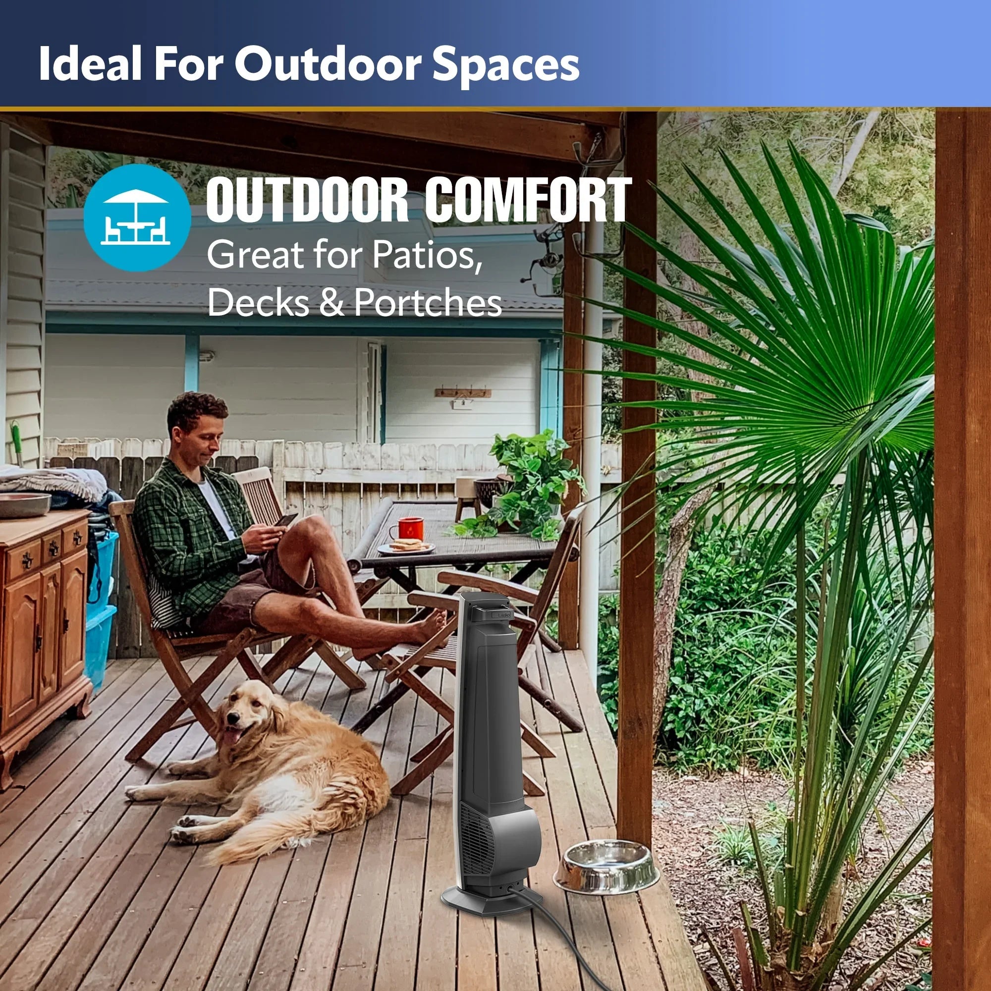 Lasko 42" Outdoor Living Tower Fan for Decks and Patios with 4 Speeds, Beige, YF202, New