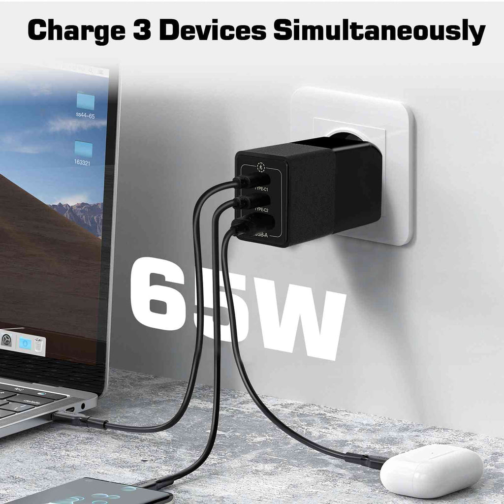 UrbanX 65W Fast Travel Charger with 3 Ports - USB & Dual USB-C - High-Speed Charging Fitting with Coolpad Cool S1, iPhone, Samsung Galaxy, Google Pixel, MacBook, Steam Deck, Laptops & Phones