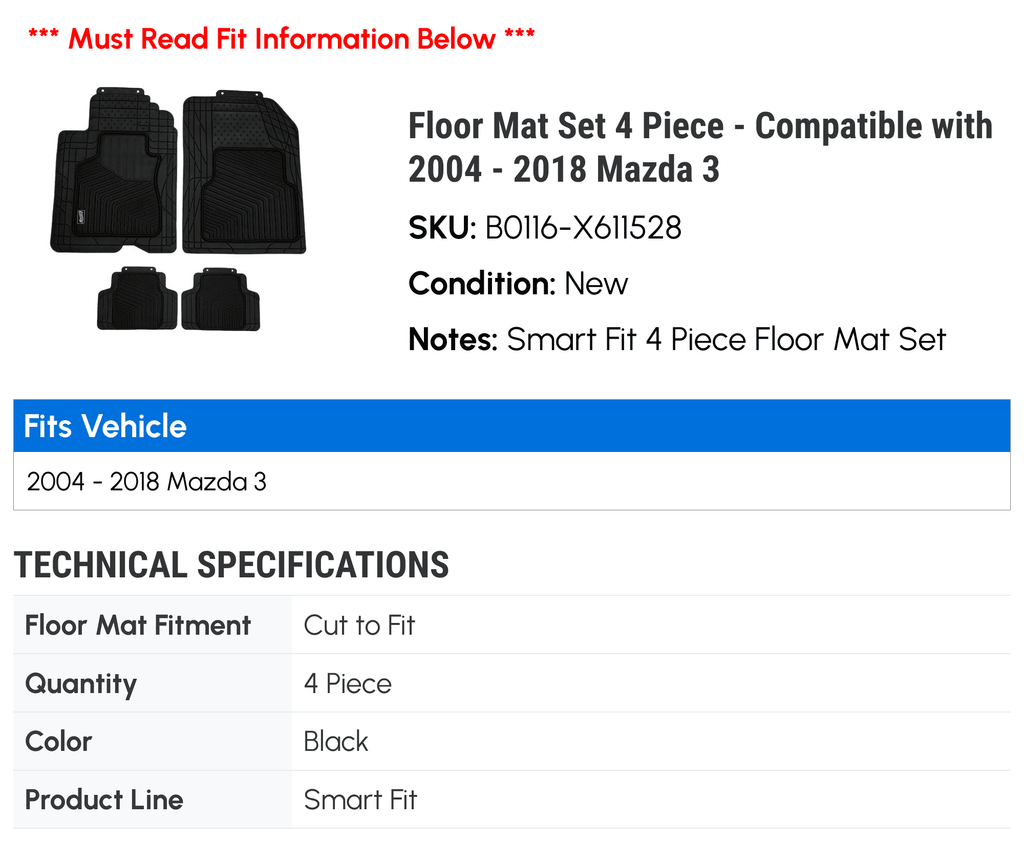 Floor Mat Set 4 Piece - Fitting with 2004 - 2018 Mazda 3 2005 2006 2007 2008 2009 2010 2011 2012 2013 2014 2015 2016 2017