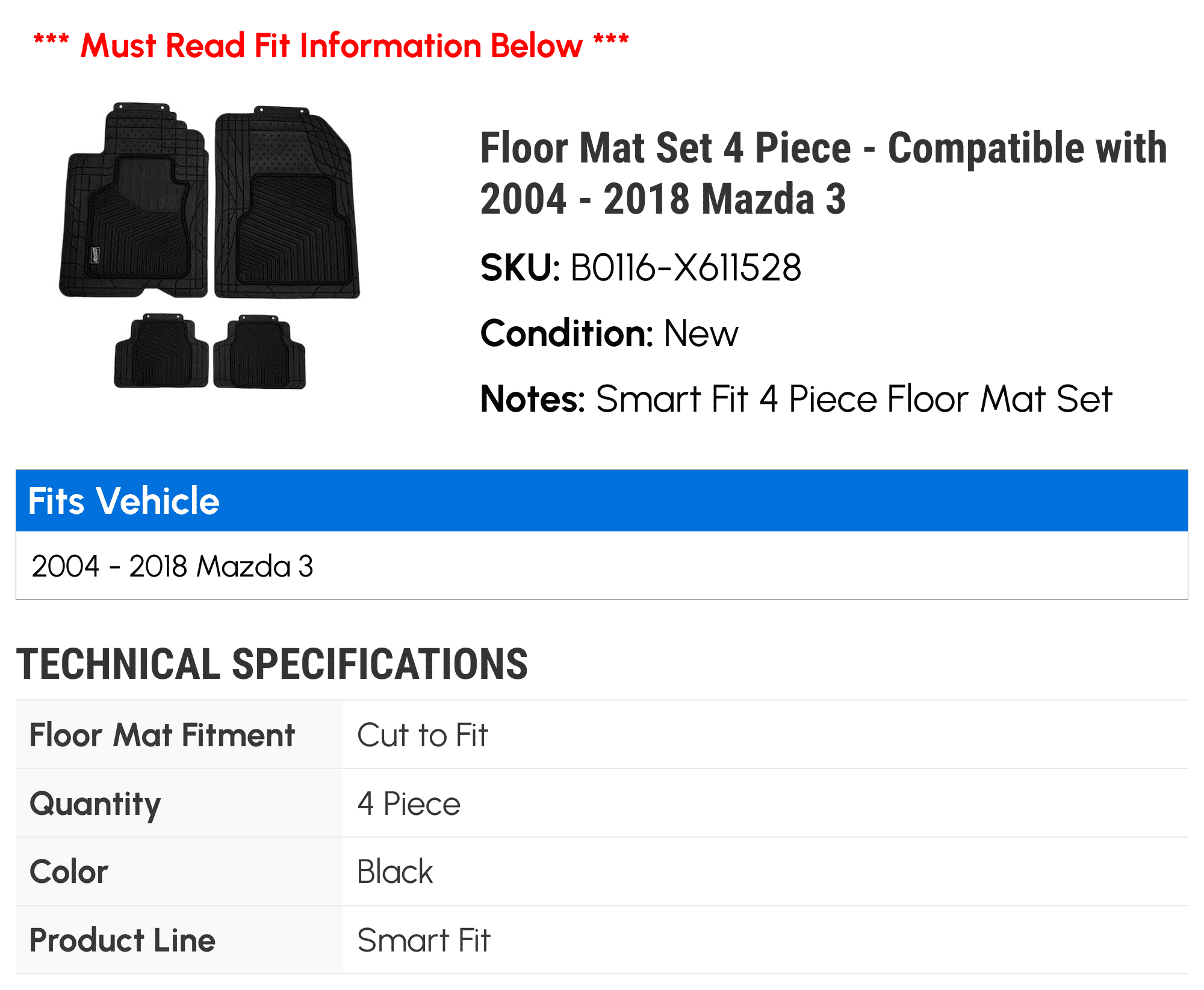 Floor Mat Set 4 Piece - Fitting with 2004 - 2018 Mazda 3 2005 2006 2007 2008 2009 2010 2011 2012 2013 2014 2015 2016 2017