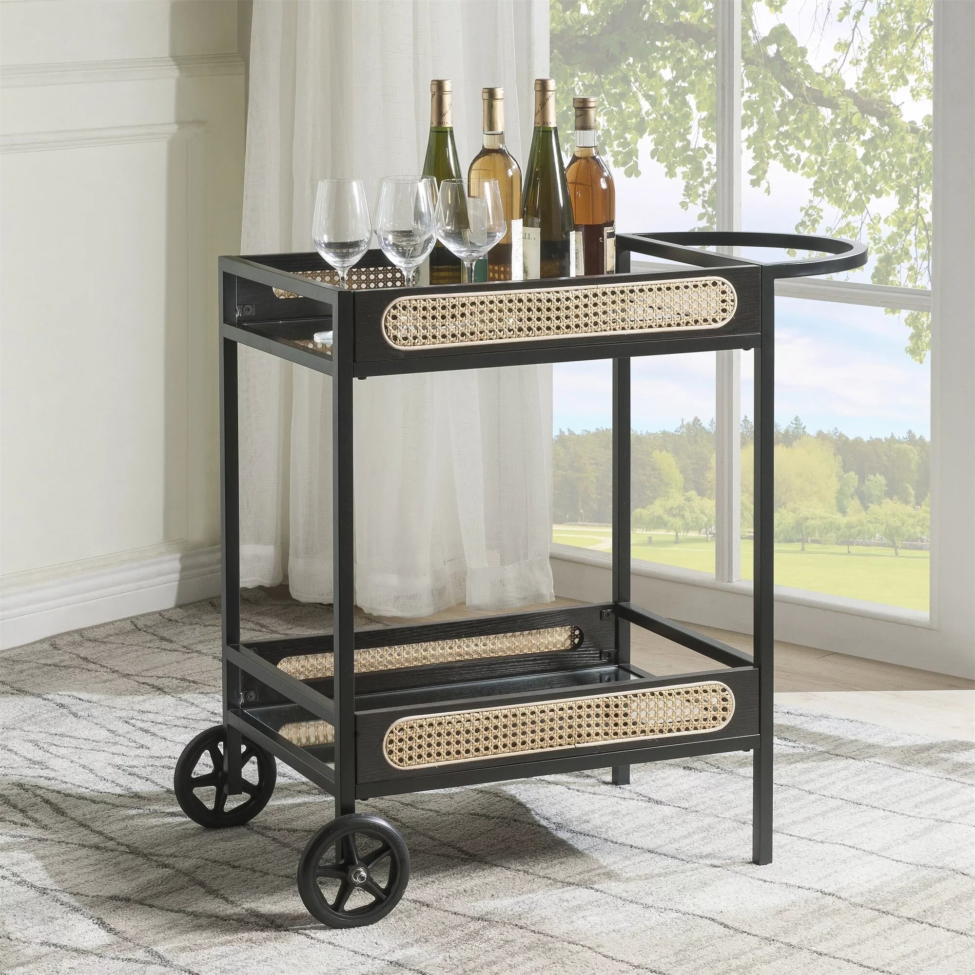 BESTCOSTY Kitchen Carts Serving Cart, Black Finish Metal & Wood