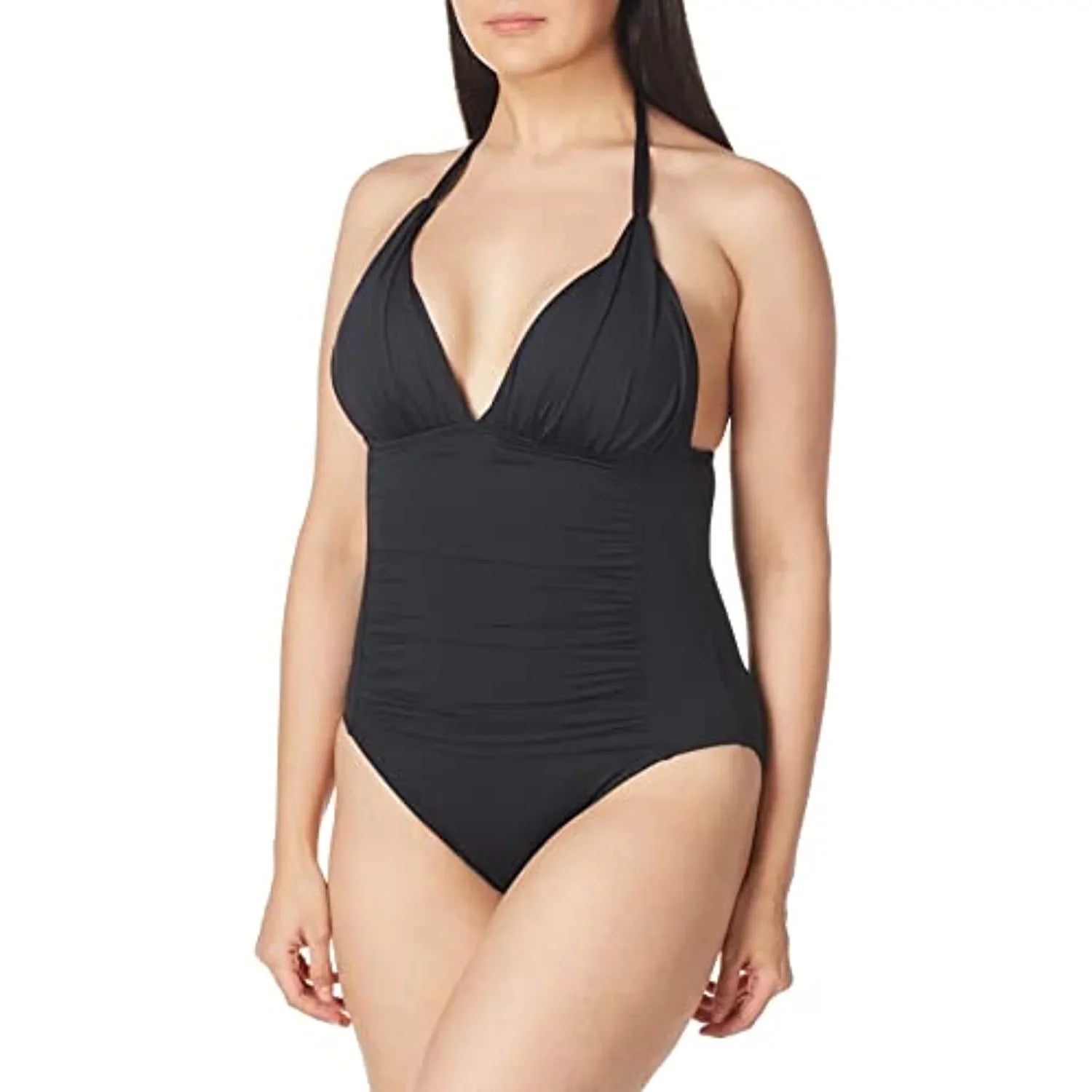 La Blanca Women's Standard Island Goddess V-Neck Halter Mio One Piece Swimsuit, Black, 4