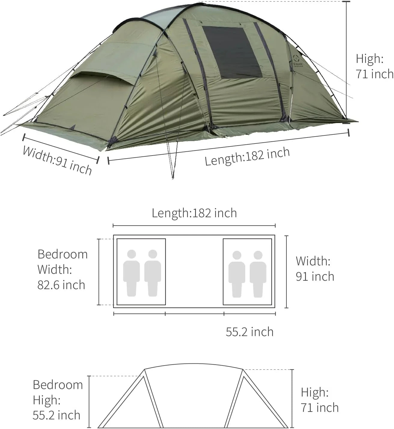 YANPO Glamping Tent with Porch, 2/3/4/5/6 Person Strong Climate Camping Tent, Large Family Tent with Room Divider, Easy Setup Tent with Screen Room